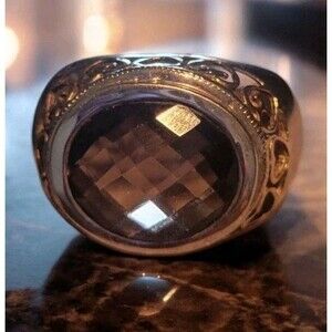 925 Sterling Silver 2-Tone Ring Large Faceted Smoky Topaz Gold Plated hearts 8